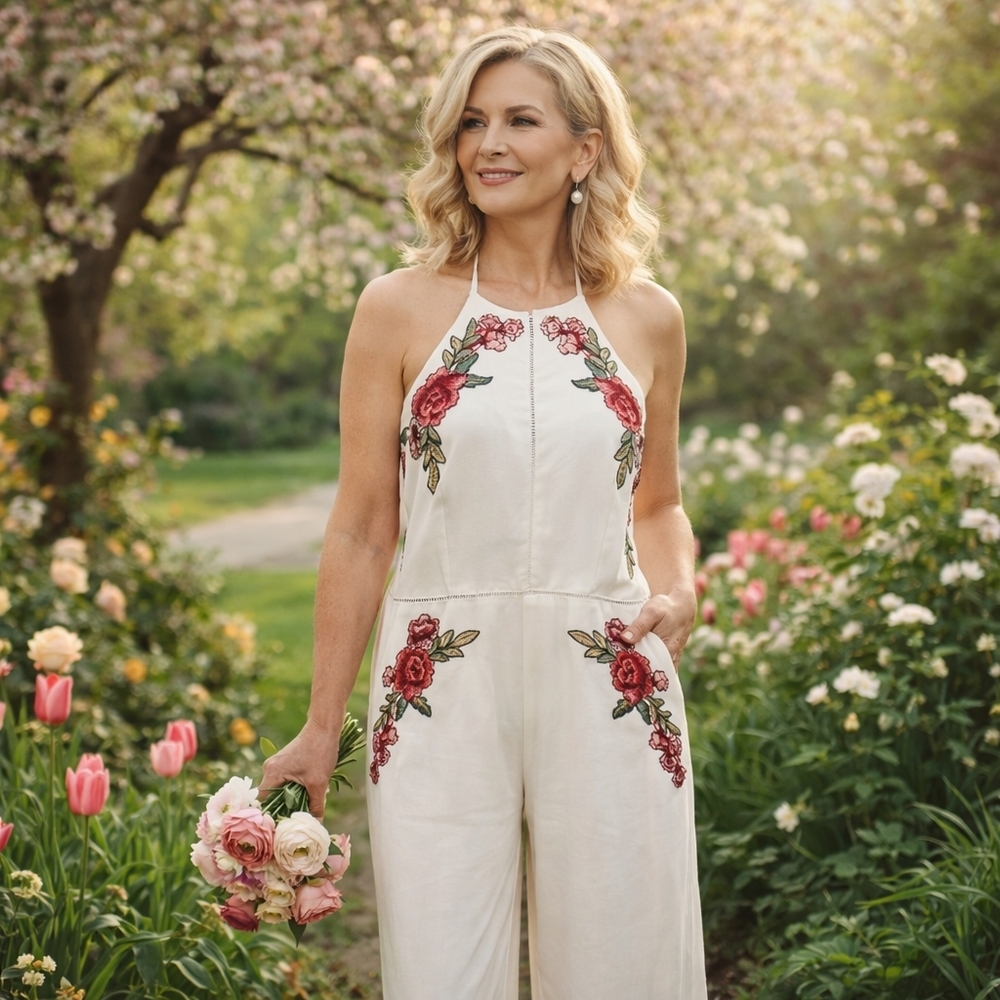 Lotus Threads Chic Backless Wideleg Floral Jumpsuit - Cream | Like New | Sz 14